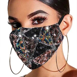Gortin Sparkle Sequins Mouth Cover Glitter Washable Masquerade Mouth Shield Breathable Reusable Dust Proof Mouth Coving Decorative Party Jewelry Accessory Filter Pocket for Women Girls (Black)