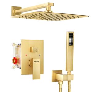 ESNBIA Shower System, Bathroom 12 Inches Rain Shower Head with Handheld Combo Set, Wall Mounted High Pressure Rainfall Dual Shower Head System, Shower Faucet Set with Valve and trim, Brushed Gold