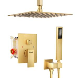 ESNBIA Shower System, Luxury 12 Inches Rain Shower Head with Handheld Combo Set, Ceiling Mounted High Pressure Rainfall Dual Shower Head System, Shower Faucet Set with Valve and Trim, Brushed Gold