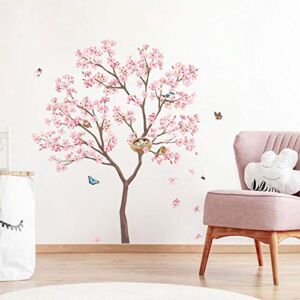 decalmile Pink Blossom Tree Wall Decals Birds on Branch Wall Stickers Living Room Bedroom TV Background Wall Art Decor (Tree H: 31.5″)