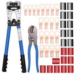 Battery Cable wire Lug Crimping Tool for AWG 8-1/0 terminals with Cable Cutter and 20PCS Tubular Ring Terminal Connectors and 20PCS 3:1 Dual Wall Adhesive Heat Shrink Tubing