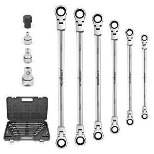 HORUSDY 10-Piece Extra Long Flex-Head Ratcheting Wrench Set – Chrome Vanadium Steel With Metric 8mm – 19mm,With 1/4″,3/8″,1/2″ Socket Drive Adapter