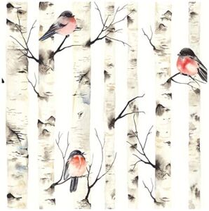 HaokHome 92075 Peel and Stick Forest Wallpaper Birch Tree Birds Mural White/Beige/Grey/Red Removable for Wall Decorations 17.7in x 118in