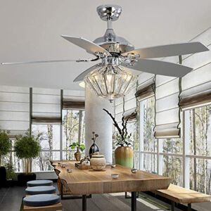 Modern 52 inch Crystal Ceiling Fan with Lights, Remote Control Chandelier Fans 5 Wood Blades Fan for Indoor Bedroom Home Decoration Quiet Fan Light Silver