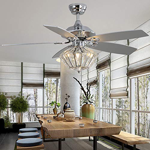 Modern 52 inch Crystal Ceiling Fan with Lights, Remote Control Chandelier Fans 5 Wood Blades Fan for Indoor Bedroom Home Decoration Quiet Fan Light Silver | The Storepaperoomates Retail Market - Fast Affordable Shopping