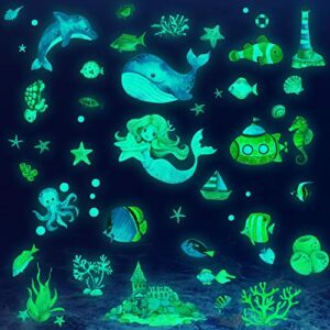 Glow in The Dark Ocean Fish Wall Decals,Ceiling Glowing Under The Sea Wall Decals Removable Sea Wall Decals Stickers Watercolor Ocean Animal Stickers for Kids Baby Bathroom Bedroom Playroom Decoration