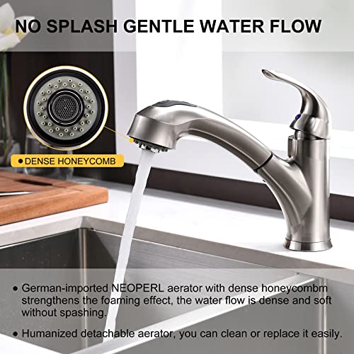 Kitchen Faucet with Sprayer, Brushed Nickel Kitchen Sink Faucet with Pull Out Sprayer, Single Handle 1 Hole Kitchen Faucet Solid Brass Commercial RV Kitchen Faucet 2 Modes & 150°Rotation & No Lead | The Storepaperoomates Retail Market - Fast Affordable Shopping