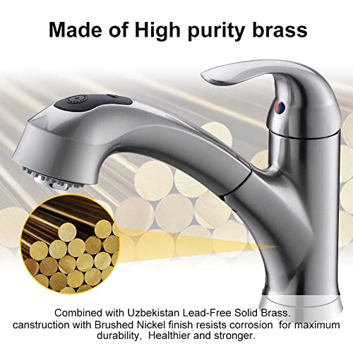 Kitchen Faucet with Sprayer, Brushed Nickel Kitchen Sink Faucet with Pull Out Sprayer, Single Handle 1 Hole Kitchen Faucet Solid Brass Commercial RV Kitchen Faucet 2 Modes & 150°Rotation & No Lead | The Storepaperoomates Retail Market - Fast Affordable Shopping