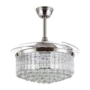 Cretifity Crystal Chandelier Fan with Light, 42″ Modern Fandelier Ceiling Fan with Retractable Blades and Remote Control, 3 Speed and Light Adjustable Crystal LED Ceiling Fans with Light