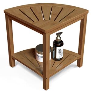 Bamboo Corner Shower Stool Bench Waterproof with Storage Shelf, for Shaving Legs or Seat in Bathroom & Inside Shower (Walnut)