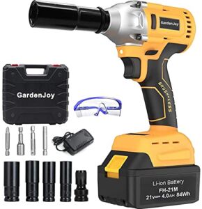 GardenJoy Cordless Power Impact Wrench: 21V Electric Impact Driver with Brushless 300N.m. 1/2″Chuck 220 Ft-lb Max High Torque 4pc Impact Drill Sockets Fast Charger & Home Tools Kit Set