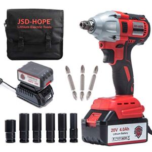 Cordless Impact Wrench – JSD 20V Electric Impact Driver (4.0Ah Battery, Brushless Motor, 1/2 & 1/4 Inch Quick Chuck, 2-Speed, Tool Bag) – High Torque Impact Kit for Home & DIY Project