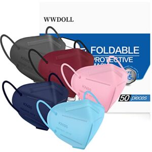 WWDOLL KN95 Face Mask 50 PCs, Multiple Colour 5 Layers KN95 Masks, Dispoasable Respirator Protection Mask for Men and Women(Pink, Blue, Grey, Red, Purple)