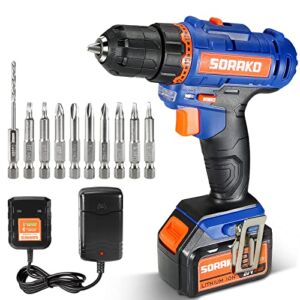 Cordless Drill 20V Max 3/8“ Electric Drill Set, 310 in-lbs Max with 21+1 Torque, 2-Speed Setting, 2.0 Ah Battery and Charger, Power Cordless Drill, SORAKO 10-Pieces Power Drill Driver Accessories Kit