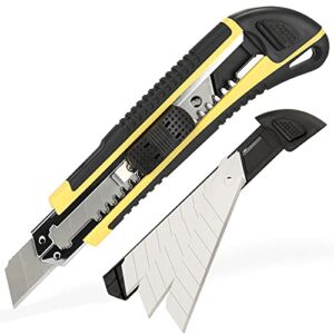 Wiltop Utility Knife, Heavy Duty Box Cutter with 2 Extra Retractable Blades Storage in Handle, Toughbuilt TPR Handle, ABS Body and Stainless Blade Slot