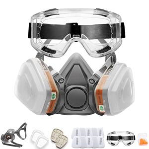 RANKSING Professional 6200 Half Facepiece Reusable Respirator Active Carbon Set with Anti-Fog Safety Goggle 10 Filters 2 Cartridges 2 Earplugs 2 Covers for Dust/Organic Vapors/Smells/Fumes/Sawdust/Asbestos for Painting,Staining,Spraying,Sanding,Cutting,Po