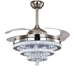 Crystal Ceiling fan with lights, Retractable Blades Fan Chandelier with Remote Control Fandelier with 3 Color Changing Chandelier for livingroom bedroom(Silver)