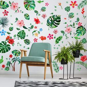 66 Pieces Large Palm Leaves Wall Decals DIY Tropical Hibiscus Flower Peel Removable Stickers Green Plants Fresh Leaves Stickers for Kids Baby Bedroom Living Room Office Bathroom Wall Corner