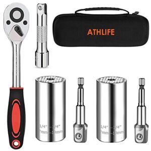 Athlife Universal Socket Wrench Tool Kit 7-19mm Socket Grip Tool Sets with 3/8 Ratchet Wrench Power Drill Adapter Gift for DIY Handyman, Husband, Boyfriend, Dad, Women (Silver)