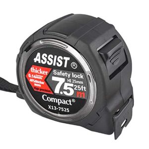 25FT Measuring Tape by ASSIST-Easy Read Double Side Printing with Metric and Inches，2.6m Level Standout Blade,Heavy Duty Shock Absorbent Rubber Case-for Construction，Surveyor