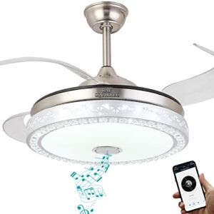 BAYSQUIRREL Retractable Invisible Ceiling Fan with Light and Bluetooth Speaker, Modern Bluetooth Fan Chandelier with Remote Control 7 Color Change 36W LED 42 Inch