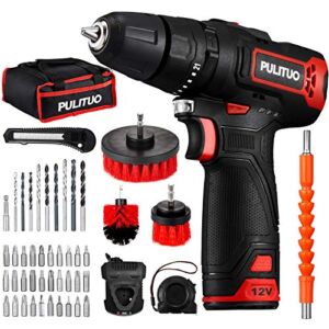 Electric Compact Drill,PULITUO Cordless Power Driver Kit 48pcs (Max Torque 222in-lbs,2000mAh Battery,21+1+1 Torque Setting,3/8″ Metal Chuck)Electric Screw Driver for Drilling Wall, Bricks, Wood, Metal