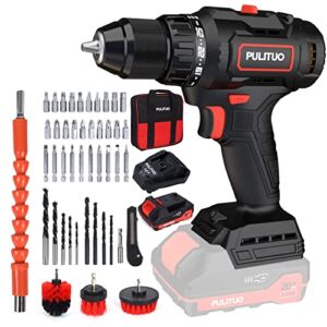 PULITUO Cordless Drill/Driver Kit, 20V Brushless Drill Set with Battery & Fast Charger, 1/2”Keyless Chuck, 530 In-lbs, 25+1 Torque Setting, 2-Variable Speed, 46 pcs Accessories with Tool Bag