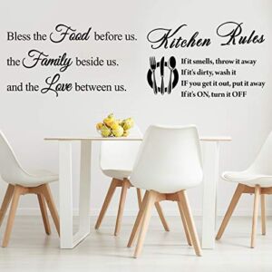 2 Pieces Kitchen Rules Wall Decals Art Mural Home Decor Sticker Vinyl Wall Quotes Saying Home Decor Wall Sticker Bless The Food Before Us Positive Kitchen Wall Decal for Dining Room Family (Black)