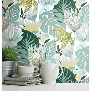 RoomMates RMK11914WP Teal and Yellow Retro Tropical Leaves Peel and Stick Wallpaper