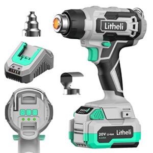 Litheli 20V Cordless Heat Gun,Hot Air Gun Kit Portable,3 Temperatures Max. 932℉,2 Nozzles, 200L/min, 13m/s,1.5Lbs,Overheat Protection for DIY, Removing Solder, Defrost, with 4Ah Battery & Charger