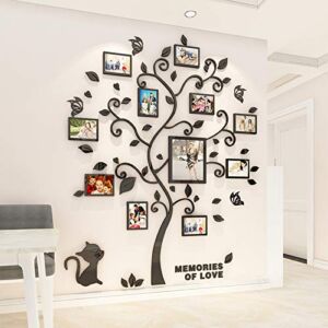 3D Black Trunk Leaves Wall Stickers Happy Family Tree Decal DIY Decor Sticker with Four DIY Vertical Bars Photo Frames (Black, M)