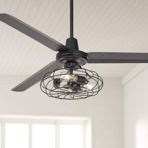 60″ Turbina Industrial Contemporary 3 Blade Indoor Outdoor Ceiling Fan with Light Kit LED Remote Control Matte Black Metal Damp Rated for Patio Exterior House Porch Gazebo Garage Barn – Casa Vieja