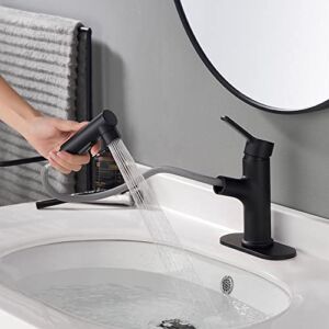 LAZ HOME Bathroom Sink Faucet with Pull Out Sprayer,Three Water Flow Modes Brass Single Handle Black Bathroom Basin Faucet for Hot and Cold Water Vanity Basin Faucet with Sprayer