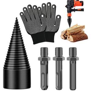 3PCS Wood Splitter Drill Bits with Gloves, Firewood Log Wood Splitter Drill Bit Removable Handle, Heavy Duty Drill Screw Cone Driver for Hand Drill Stick (45 mm, Square+Round+Hexagonal)