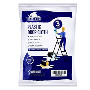 3 Pack Plastic Drop Cloth for Painting, Plastic Painting Tarp Heavy Duty 9 Feet by 12 Feet, Painters Plastic Tarp Waterproof Clear Cover, Thick Disposable Paint Floor Cover for Furniture, Wall