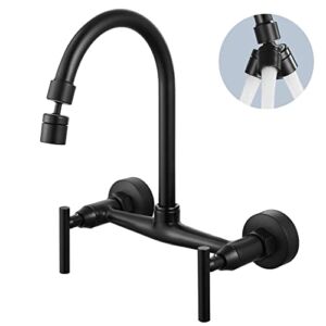 Airuida Wall Mount Kitchen Sink Faucet Matte Black 8 Inch Center Double Cross Handles 360 Degree Swivel Spout Kitchen Mixer Tap Commercial