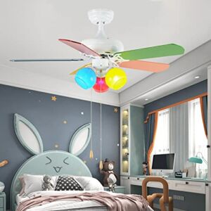 42-Inch Kids Ceiling Fan with Remote Control, 5 Wooden Multi-Color Fan Blades, 3 Multi-Color Glass Lampshades, Modern and Lovely Style, Pull Chain, Children’s Ceiling Fan for Kids Room