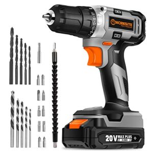 WORKSITE Cordless Drill/Driver Kit, 20V MAX 3/8″ Compact Drill Set with 2.0A Battery, Charger, 309 In-lbs Max Torque, 24pcs Accessories for Drilling Wood Metal