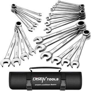 DISEN 22 Piece Ratchet Wrench Set Metric & SAE, 12 Points & 72 Teeth Box End & Open End Combination Ratcheting Wrenches Set with Portable Organizer Bag, Premium Chrome Vanadium Steel
