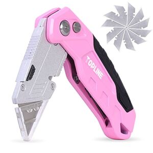 TOPLINE Folding Pink Utility Knife, Pocket Folding Pink Box Cutter, Blade Storage Design, 18-Piece SK5 Blades and a Dispenser Included (1 PACK(PINK))