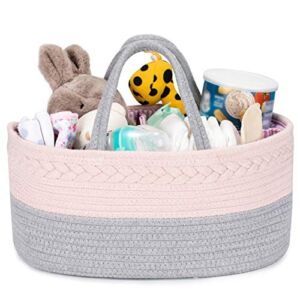 COSYLAND Baby Diaper Caddy Organizer Cotton Rope Diaper Basket with Removable Divider Large Capacity Nursery Storage Bin Portable Tote Bag Newborn Baby Shower Basket for Changing Table & Car-Pink/Grey