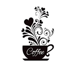 SITAKE “Coffee Cup + Flower” Wall Decor Sticker, Black Coffee Decor for Coffee Bar and Coffee Station, Removable Kitchen Signs for Kitchen Decorations Wall, 11.8 x 18.9 Inch