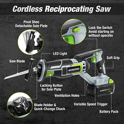 WORKPRO Cordless Reciprocating Saw, 20V 4.0Ah Battery, 1-inch Stroke Length, 4 Saw Blades for Wood & Metal Cutting Included | The Storepaperoomates Retail Market - Fast Affordable Shopping