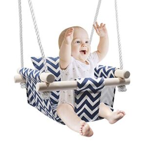 Secure Baby Swing Seat, Wooden Canvas Baby Swing with Cushion and PE Ropes, Indoor and Outdoor Baby Hammock Chair for Toddlers and Infants