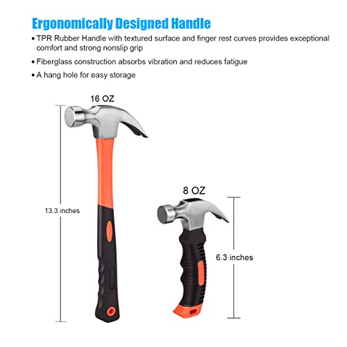 ZUZUAN 2 Piece Hammer Set,includes 1 Pack 8 OZ Mini Stubby Claw Hammer and 1 Pack 16 OZ Fiberglass General Purpose Claw Hammer,Soft Nonslip Handle & Heat Treated Head,Heavier for Higher Hardness | The Storepaperoomates Retail Market - Fast Affordable Shopping