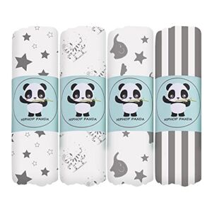 Bamboo Muslin Baby Swaddle Blanket – Hypoallergenic Soft Silky Newborn Swaddle Wrap, Neutral Receiving Blanket for Boy and Girl, Set of 4- Zebra, Star, Stripe, Elephant – Grey White