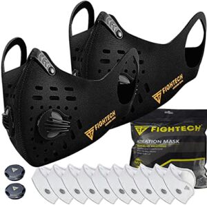 FIGHTECH 2 x Dust Masks | Combo Kit with 10 x Active Carbon Filters | 2 x Extra Air Valves | Face Mask for Woodworking | Washable and Reusable (Large, Black)