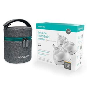 Nanobebe Breastmilk Baby Bottle Bundled with Travel Cooler, Grey Breast Milk Bottle 3-Pack (5oz) and Travel Cooler Bag, Ice Pack Included (12 Items)