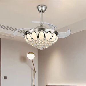 42 Inch Modern Luxury Crystal Ceiling Fan Lamp with Remote Control 3 Speed 3 Colors Adjustable and Retractable Design Easy to Install Suitable for Living Room Bedroom Dining Kitchen (Silver)