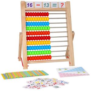KIDWILL Preschool Math Learning Toy,10-Row Wooden Frame Abacus with Multi-Color Beads, Counting Sticks, Number Alphabet Cards, Gift for 2 3 4 5 6 Years Old Toddlers Boys Girls